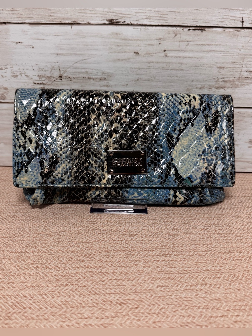 Kenneth Cole Reaction Blue and Black Snake-Print Foldover Clutch